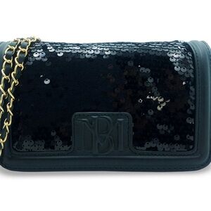 Stylish BADGLEY MISCHKA NWT Black Sequin Crossbody Bag with Gold Chain